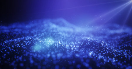 Abstract blue glowing energy waves from particles and magical dots with blur effect on dark background. abstract background.の写真素材