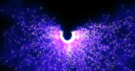A spinning bright luminous blue unusually beautiful tunnel spiral of digital triangles connected by...