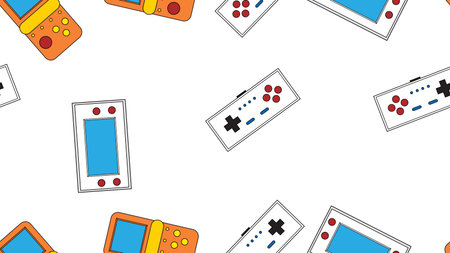 Seamless pattern endless with portable game consoles and joysticks, electronic toys old retro...
