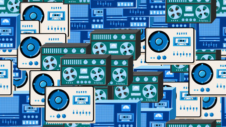 Seamless pattern endless with music audio cassette old retro tape recorders vintage hipster from 70s, 80s, 90s isolated on white background. vector illustration.のイラスト素材