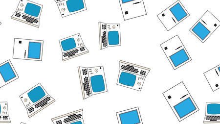 Seamless pattern endless computer with old retro computers, vintage white hipster pc from 70s, 80s, 90s isolated on white background. vector illustration.のイラスト素材