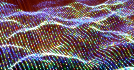 Abstract bright glowing multicolored rainbow waves and lines from particles and dots in the form of a field with a blur effect. abstract background.の写真素材