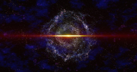 Abstract space galaxy with stars and planets spinning from particles and dots glowing bright futuristic on a black background. abstract background.の写真素材