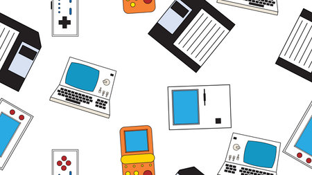 Seamless pattern endless with electronics and technology computer game consoles old retro vintage hipster from 70s, 80s, 90s isolated on white background. vector illustration.のイラスト素材