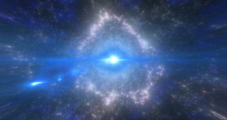 Abstract space galaxy with stars and planets spinning from particles and dots glowing bright futuristic on a black background. abstract background.の写真素材