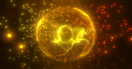Abstract round yellow orange sphere light bright glowing from energy rays and magic waves from particles and dots, abstract background.の写真素材