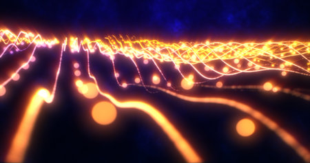 Abstract yellow orange shiny glowing lines rays of energy and magic waves from particles and dots,...