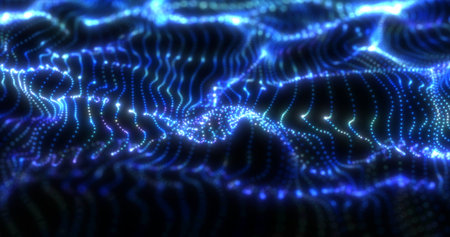 Abstract blue futuristic waves from a grid of particles lines glowing bright shiny neon digital...