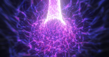 Abstract purple tunnel swirling from lines and particles of triangles glowing futuristic hi-tech with a blur effect on a dark background. abstract background.の写真素材