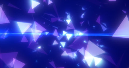 Abstract triangular fragments blue bright glowing, magical energy abstract background.