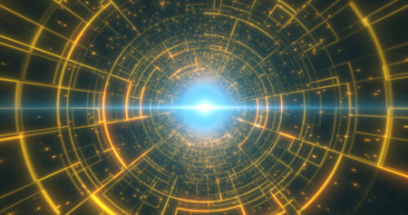 Abstract yellow glowing neon laser tunnel futuristic hi-tech with energy lines, abstract background.