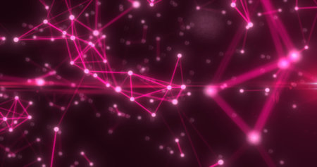 Abstract high tech red glowing lines with dots and plexus triangles, abstract background.