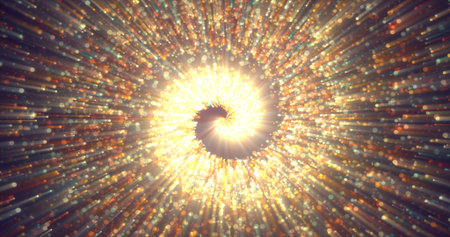 Abstract spiral tunnel of beautiful flying glowing magical particles bokeh energy orange fiery...