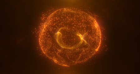 Abstract round yellow orange sphere light bright glowing from energy rays and magic waves from...