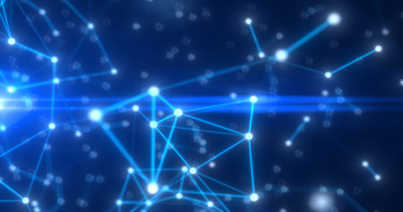 Abstract high tech blue glowing lines with dots and plexus triangles, abstract background.