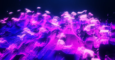 Abstract purple futuristic landscape of particles and dots of energetic magic with glow and blur effect, abstract background.の写真素材