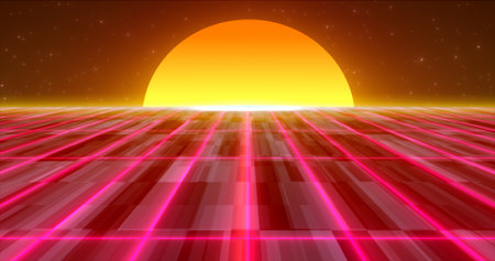 Abstract red glowing neon laser grid retro futuristic high tech from 80s, 90s with energy lines on...