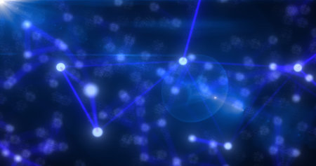 Abstract high tech blue glowing lines with dots and plexus triangles, abstract background.