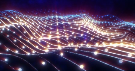 Abstract yellow orange shiny glowing lines rays of energy and magic waves from particles and dots,...