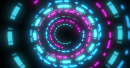 Abstract round swirling rings HUD elements blue and purple from flying particles glowing energy...