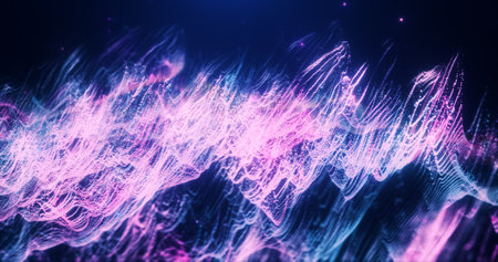 Abstract moving blue and purple futuristic particles and dots energetic magical with glow and blur effect, abstract background.の写真素材
