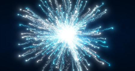 Abstract glowing energy explosion whirlwind firework from blue lines and magic particles abstract background.の写真素材
