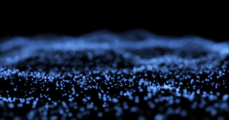 Abstract blue glowing energy waves from particles and magical dots with blur effect on dark background. abstract background.の写真素材