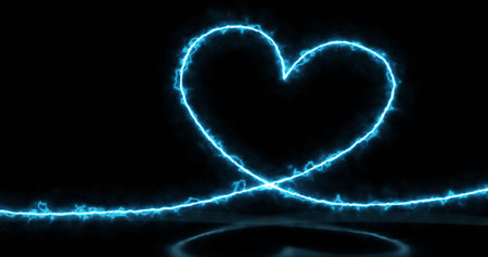 Abstract bright blue energy electric light love magic heart with reflections abstract background.の写真素材