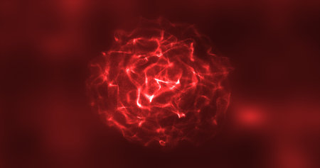 Abstract red energy round sphere glowing with particle waves hi-tech digital magic abstract background.の写真素材