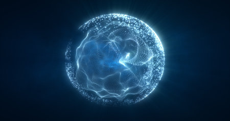Abstract blue energy sphere from particles and waves of magical glowing on a dark background.の写真素材