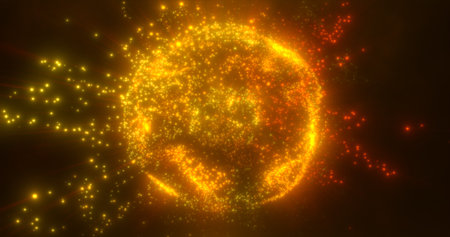 Abstract round yellow orange sphere light bright glowing from energy rays and magic waves from particles and dots, abstract background.の写真素材