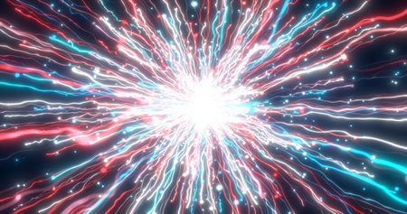 Abstract glowing energy explosion blue swirl fireworks from lines and magic particles of american flag color abstract background.の写真素材
