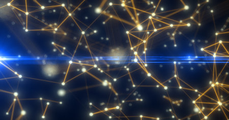 Abstract hi-tech yellow gold glowing lines with dots and plexus triangles, abstract blue background.の写真素材
