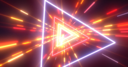 Abstract multi-colored yellow energy futuristic hi-tech tunnel of flying triangles and lines neon...