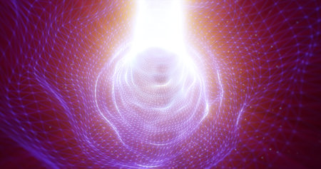 Abstract purple energy tunnel futuristic made of hi-tech mesh and glowing particles background.の写真素材