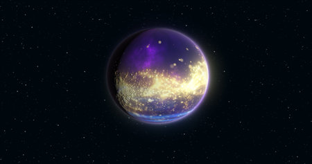 Abstract realistic planet purple hi-tech luminous round sphere in space against the background of...