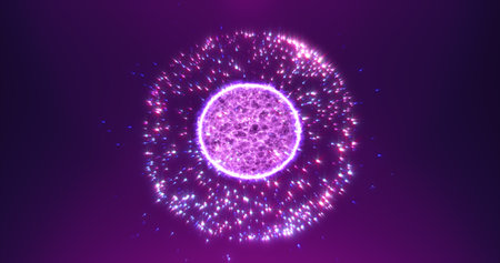 Abstract purple round sphere energy molecule from futuristic high-tech glowing particles.の写真素材
