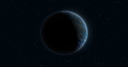 Abstract blue space futuristic planet round sphere against the background of stars.
