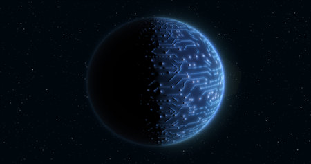 Abstract blue space futuristic planet round sphere against the background of stars.の写真素材