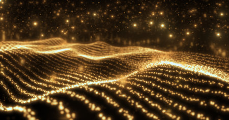 Abstract yellow wave lines from particles and dots of energetic magic with glow effect and blur bokeh abstract background.の写真素材