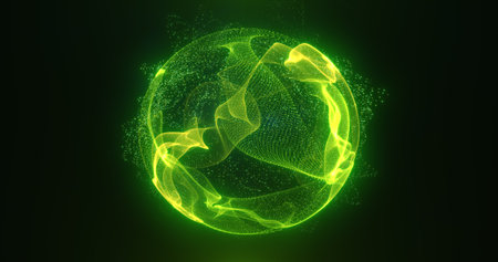 Abstract green energy sphere of particles and waves of magical glowing on a dark background.の写真素材