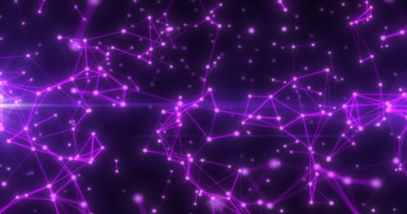 Abstract hi-tech purple glowing lines with dots and plexus triangles, abstract background.