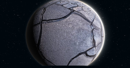 Abstract realistic space spinning planet round sphere with a cracked gray surface in space against...