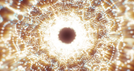 Abstract yellow energy tunnel made of particles and a grid of high-tech lines with a glowing...