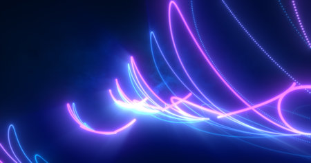 Abstract blue and purple glowing neon energy laser lines flying on a black background.の写真素材