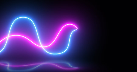 Abstract bright neon purple and blue energy light disco lines with reflections abstract background.