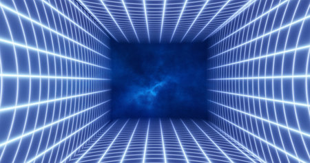 Abstract blue energy grid swirling tunnel of lines in the top and bottom of the screen magical bright glowing futuristic hi-tech background.の写真素材