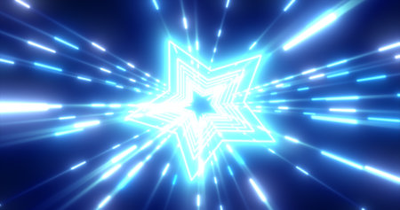 Abstract blue energy futuristic hi-tech tunnel of flying stars and lines neon magic glowing background.の写真素材