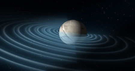 Abstract blue space planet with a round asteroid belt ring futuristic hi-tech on the background of...