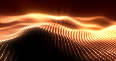 Abstract yellow energy magic waves from glowing particles and lines futuristic hi-tech background.の写真素材